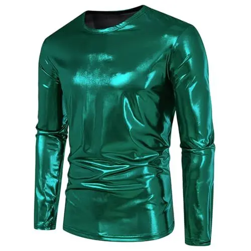 Produktbild: UHouse Langarmshirt Herren Metallic Tshirt Langarm Party Disco Outfit Gold T-Shirt Glänzend Baumwolle Karneval Kostüm Glitzer Shirt Festival Party-Shirt Silber-Glänzend Oberteile Deals Grün L