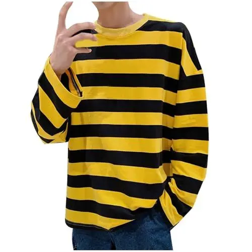 Produktbild: UHouse Langarmshirt Herren T-Shirt Langarm Basic Longsleeve Rundhals Tshirt Baumwolle Shirt Gestreiften Pyjama Schlafanzugoberteile Lässig Schlafanzug Leicht Warehouse Deal Gelb M