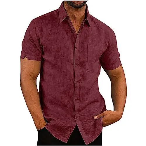 Produktbild: UHouse Leinenhemd Herren Kurzarm Hemd Baumwolle Leinen Kurzarmhemd Freizeit Herrenhemden Sommer Freizeithemd Bequeme Sommerhemd Musselin Hemden Lässig Strandhemd Meine Bestellungen Wein XL