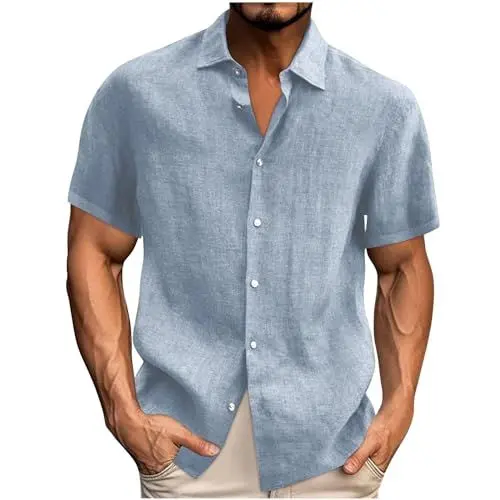 Produktbild: UHouse Leinenhemd Herren Kurzarm Sommer Hemd Leinen Herrenhemden Leicht Hemden Stehkragen Freizeithemd Übergröße Shirt Strand Hawaii Hemd Bequeme Sommerhemd Warehouse Deals Angebote Hellblau XL