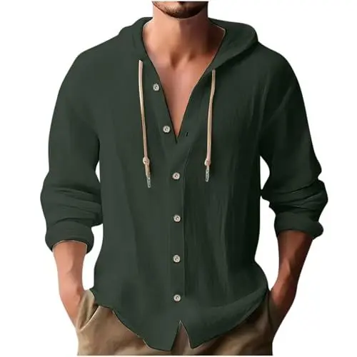 Produktbild: UHouse Leinenhemd Herren Langarm mit Kapuze Freizeit Langarm Hemd Baumwolle Leinen Hawaiihemd Leichte Dünne Hoodie Bequeme Kapuzenshirt Locke Herrenhemden Meine Bestellungen Armee Grün XL