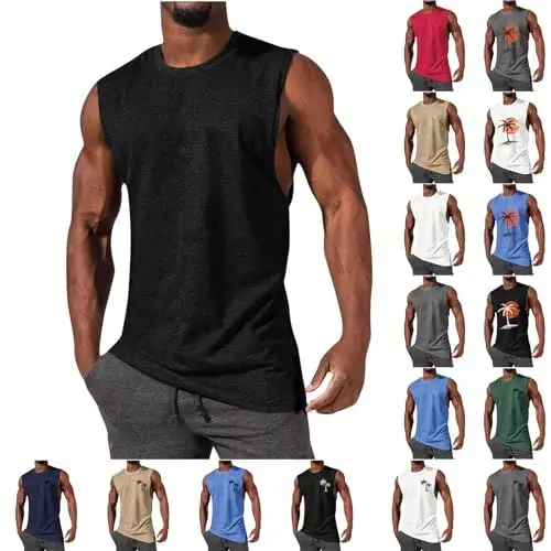 Produktbild: UHouse Oversize Tank Top Herren Sport Muskelshirt Männer Sommer Tanktop Baumwolle Trägershirt Rundhals Ärmellose Tshirt Hawaii Unterhemd Gym Axelshirt Große Größen Achselshirt Angebote Schwarz XL