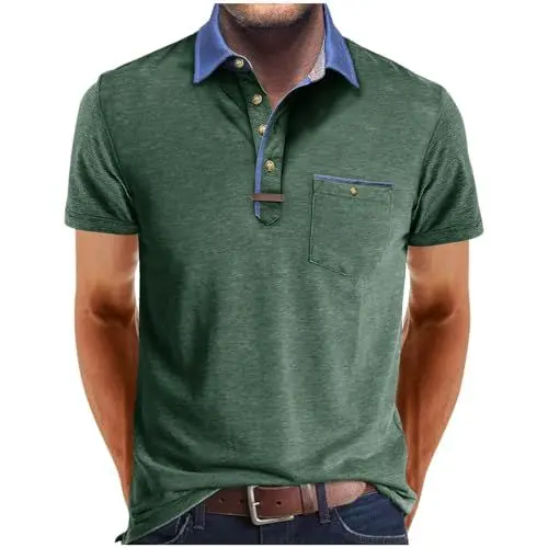 Produktbild: UHouse Poloshirt Herren Kurzarm Baumwolle Tee Top Polo T Shirt mit Knopfleiste T-Shirt Kurze Ärmel Shirt Modische Polohemd mit Brusttasche Longshirt Einfarbig Herren-T-Shirt Meine Bestellungen Grün XL