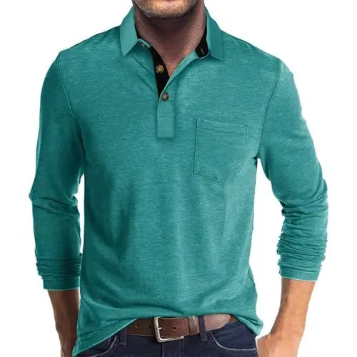 Produktbild: UHouse Poloshirt Herren Langarm Shirt Basic Baumwolle Langarmshirt mit Knopfleiste Mode Longsleeve Polohemd mit Brusttasche Leichte Sommershirt Regular Fit Polo Shirt Meine Bestellungen Grüner See M