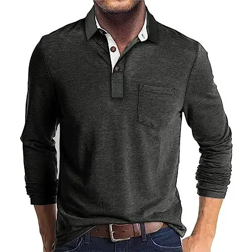 Produktbild: UHouse Poloshirt Herren Langarm Shirt Basic Baumwolle Langarmshirt mit Knopfleiste Mode Longsleeve Polohemd mit Brusttasche Leichte Sommershirt Regular Fit Polo Shirt Blitzangebote Dunkelgrau M