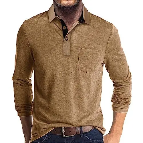 Produktbild: UHouse Poloshirt Herren Langarm Shirt Basic Baumwolle Langarmshirt mit Knopfleiste Mode Longsleeve Polohemd mit Brusttasche Leichte Sommershirt Regular Fit Polo Shirt Warehouse Deal Khaki L