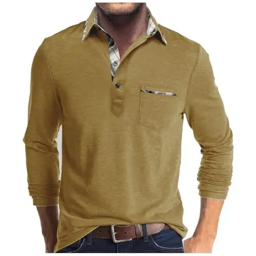 Produktbild: UHouse Poloshirt Herren Langarm Shirt Basic Baumwolle Langarmshirt mit Knopfleiste Warehouse Deal Polohemd mit Brusttasche Leichte Sommershirt Regular Fit Polo Shirt Deals of The Day Gelb XL