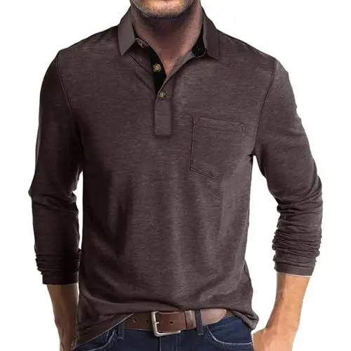 Produktbild: UHouse Poloshirt Herren Langarm Shirt Basic Baumwolle Langarmshirt mit Knopfleiste Mode Longsleeve Polohemd mit Brusttasche Leichte Sommershirt Regular Fit Polo Shirt Sale Angebote Kaffee L