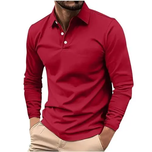 Produktbild: UHouse Poloshirt Herren Langarm Shirt Basic Langarmshirt mit Knopfleiste Golf Longsleeve Polohemd Leichte Sommershirt Regular Fit Polo Shirt Freizeit Longshirt Wein XL