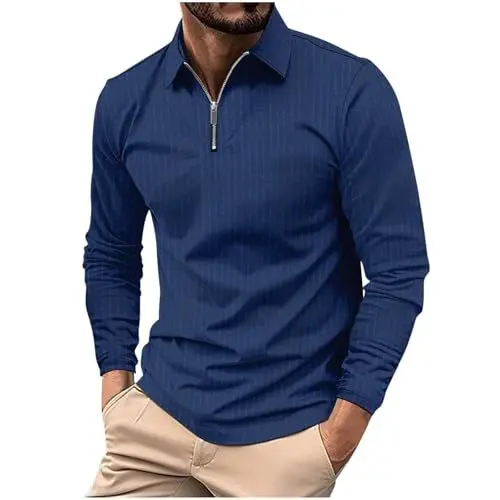 Produktbild: UHouse Poloshirt Herren Langarm Shirt Basic Langarmshirt mit Zip Knopfleiste Golf Longsleeve Polohemd Leichte Sommershirt Regular Fit Polo Shirt Freizeit Longshirt Deals of The Day Marineblau XL