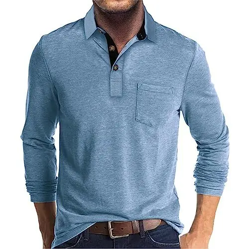 Produktbild: UHouse Poloshirt Herren Langarm Shirt Sale Baumwolle Langarmshirt mit Knopfleiste Mode Longsleeve Polohemd mit Brusttasche Leichte Sommershirt Regular Fit Polo Shirt Sale Angebote Hellblau XL