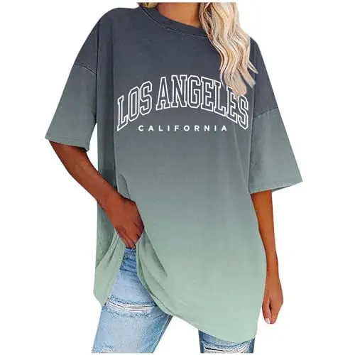 Produktbild: UHouse Meine Bestellungen Anzeigen Damen Shirts Mode Mode Motiv Tshirt Lässig Los Angeles Baumwolle Oberteil Frau Bluse Basic Mode Motiv Oberteile Rundhals Elegant Tops Gutscheine Armeegrün L