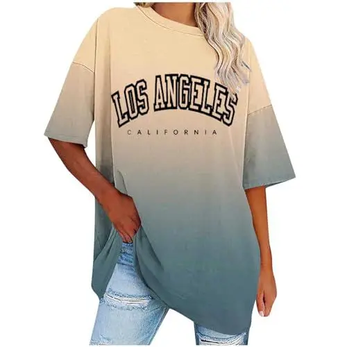 Produktbild: UHouse Damenmode Sale Damen Tshirts Lose Tie-Dye Muster Kleidung Retro Los Angeles Baumwolle Shirt Frau T-Shirts Sommer Grafik Drucken T-Shirt Teenager Rundhals Casual Tee Gutschein Armeegrün XL