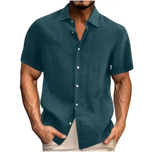 Produktbild: UHouse Sale Leinenhemd Herren Kurzarm Sommer Hemd Baumwolle Leinen Hemden Modische Freizeithemd 2025 Kurzarmhemd Loose Fit Hawaiihemd Musselin Fischerhemd Einfarbig Marine XXL