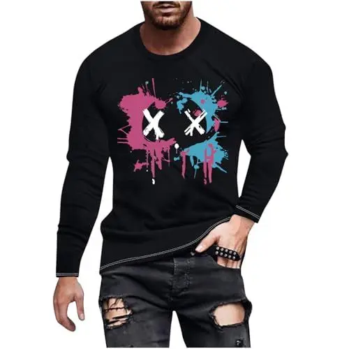 Produktbild: UHouse T-Shirts für Herren Langarmshirt Lustige Longsleeve Freizeit Shirt Y2k Mode Lang Arm T Shirts Coole Print Tshirt Casual Basic Longshirt Lässig Tee Tops Deals of The Day 0Schwarz L