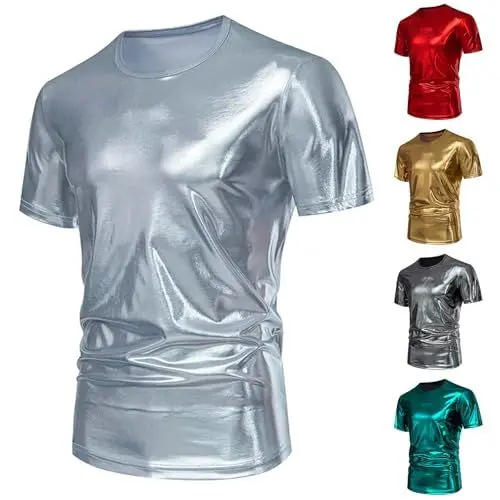 Produktbild: UHouse T-Shirts für Herren Metallic Tshirt Party Disco Outfit T Shirt Glänzend Karneval Kostüm Glitzer Shirt Festival Party-Shirt Silber-Glänzend Baumwolle Oberteile Deals of The Day Silber S