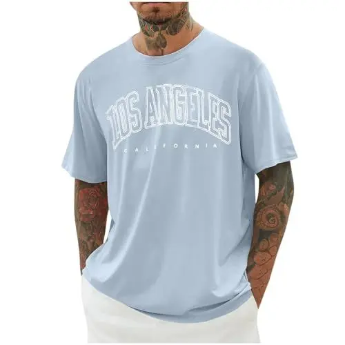 Produktbild: UHouse T-Shirts für Herren Oversized Sommer Tshirt Los Angeles Oberteile Loose Fit T Shirt Prime Männer Casual Mode Motiv Bekleidung Junge Tee Shirts Streetwear Baumwolle Tops Sale Himmelblau XXL