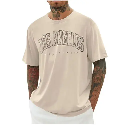 Produktbild: UHouse T-Shirts für Herren Oversized Sommer Tshirt Los Angeles Oberteile Loose Fit T Shirt Sale Männer Casual Mode Motiv Bekleidung Junge Tee Shirts Streetwear Baumwolle Tops Angebote Khaki 3XL