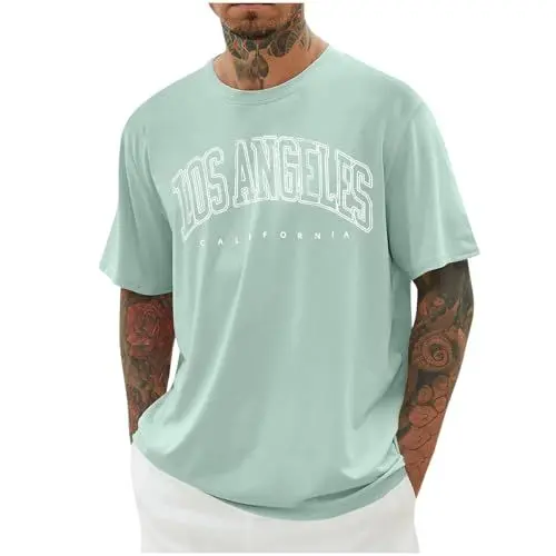 Produktbild: UHouse T-Shirts für Herren Oversized Sommer Tshirt Los Angeles Oberteile Loose Fit T Shirt Angebote Männer Casual Mode Motiv Bekleidung Junge Tee Shirts Streetwear Baumwolle Tops Sale Grün 4XL