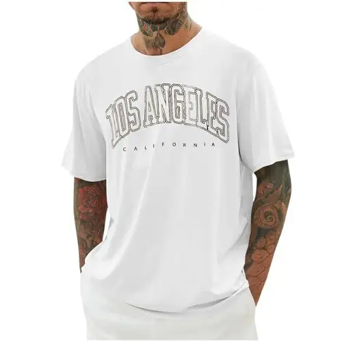 Produktbild: UHouse T-Shirts für Herren Oversized Sommer Tshirt Los Angeles Oberteile Loose Fit T Shirt Gutschein Männer Casual Mode Motiv Bekleidung Junge Tee Shirts Streetwear Baumwolle Tops Sale Weiß 3XL