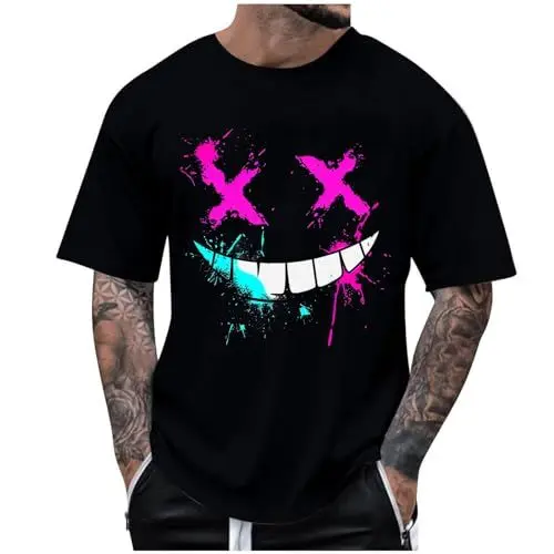 Produktbild: Tshirt Herren Sommer T-Shirt Oversize Shirt Fashion Print Herren-T-Shirt Rundhals T Shirt Coole Kurzarmshirt Leichte Sommershirt Bequeme Schlafshirt Sale Angebote Schwarz S