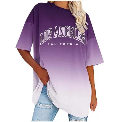 Produktbild: UHouse Tshirt Damen Elegant T Shirt Casual Longshirt Mode Motiv Bekleidung Los Angeles Oberteile Sommer Bluse Oberteile Frau Lockere Top Baumwolle Tee Shirts Blusen Lila M