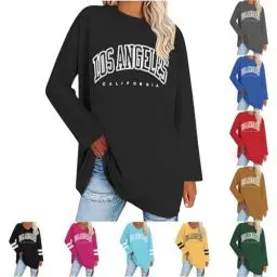 Produktbild: UHouse Tshirt Damen Sommer Langarmshirt Mode Langarm T-Shirt Elegant Longshirt Y2k Los Angeles Basic Shirt V Ausschnitt Rundhals Longbluse Locker Oberteile Sale Angebote Schwarz XXL
