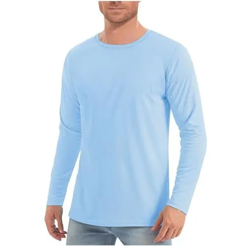 Produktbild: UHouse Tshirt Herren Langarm Basic Shirt Mode Langarmshirt Lässig Longsleeve Shirt Leichte Sommershirt Einfarbige T-Shirt Rundhals Longshirt Atmungsaktive Sweatshirt Hellblau L
