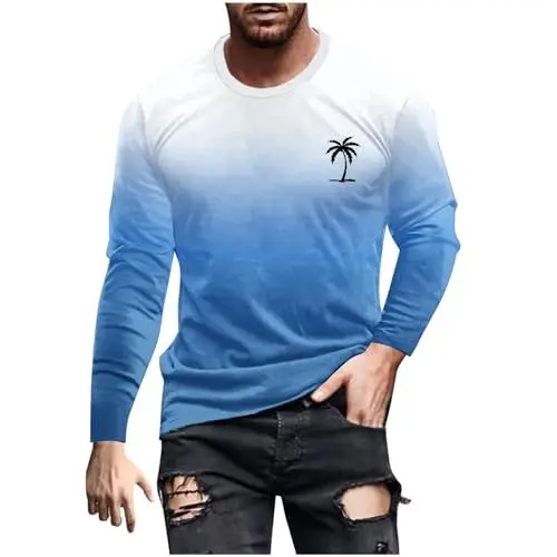 Produktbild: UHouse Tshirt Herren Langarm T-Shirt Basic Langarmshirt Freizeit Longsleeve Mode T Shirt Lang Arm Rundhals Shirt Oversized Pullover mit Farbverlauf Dünne Sweatshirt Blau XL
