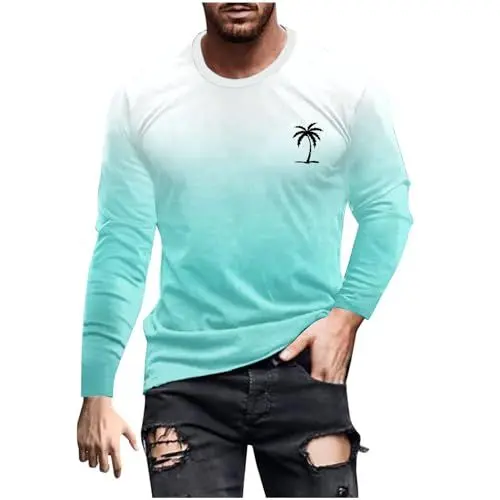 Produktbild: UHouse Tshirt Herren Langarm T-Shirt Basic Langarmshirt Freizeit Longsleeve Mode T Shirt Lang Arm Rundhals Shirt Oversized Pullover mit Farbverlauf Dünne Sweatshirt Angebote Hellblau XL
