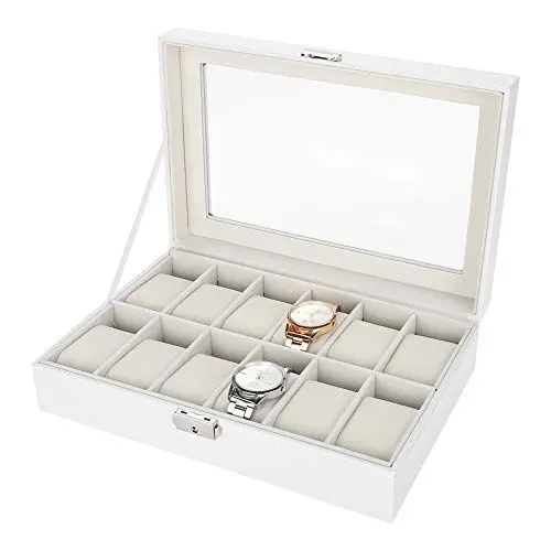 Produktbild: Uhren Aufbewahrung, Premium Uhrvitrinen mit 12 Fächern, gerahmter Glasdeckel, sichere Aufbewahrungsbox Metallverschlüsse für Herren und Damen