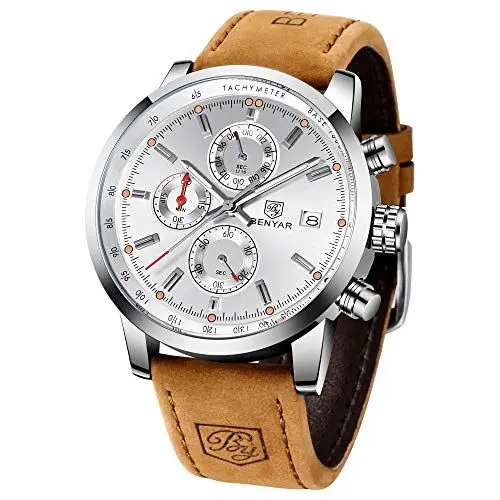 Produktbild: Uhren Herren BENYAR Chronograph Quartz armbanduhren für Herren Uhr Schwarz Zifferblatt Business Military Sport Armbanduhr mit Leder Armband 30m Wasserdicht Elegantes Geschenk für männer