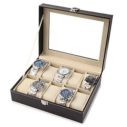 Produktbild: Uhrenbox mit 10 Fächern, Aufbewahrungsbox für Uhren Uhrenkasten Uhrenkoffer mit Herausnehmbaren Watch Box Uhrenkissen Uhrenkasten Uhren Aufbewahrung PU Leder Schwarz