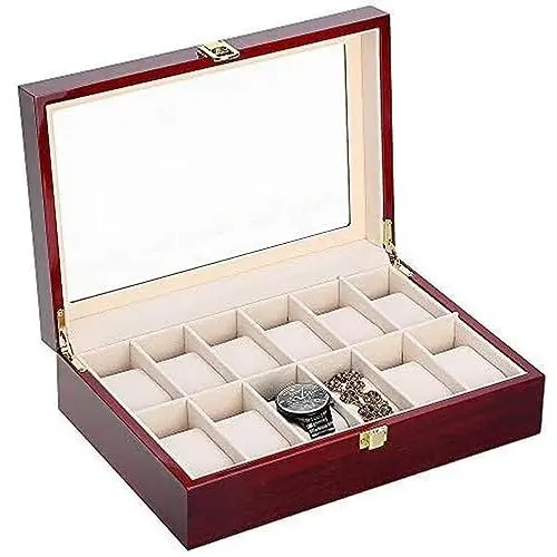 Produktbild: Uhrenbox mit 12 Fächern, Uhrenkasten aus Massivholz, mit Glasdeckel, Uhrenkoffer mit herausnehmbaren Uhrenkissen