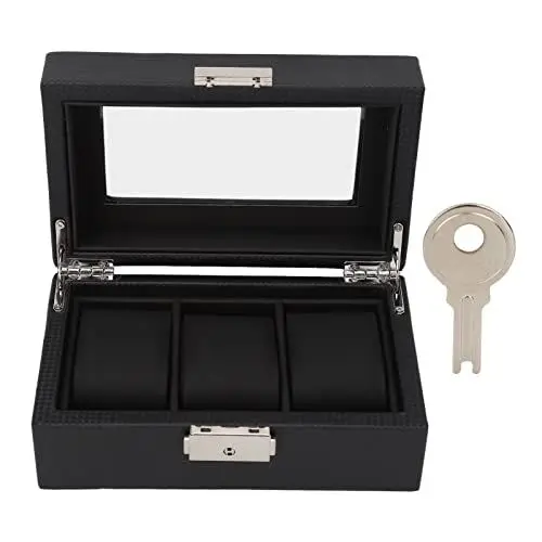 Produktbild: Uhrenbox mit 3 Fächern Zum Tragen von Displays, Abschließbare Kleine Uhrenbox aus PU-Leder mit Durchsichtigem Deckel für Herren- und Damenarmband, Schwarz