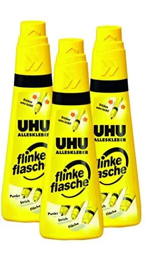 Produktbild: UHU Alleskleber flinke flasche, Glasklarer Alleskleber in der einzigartigen Flasche mit Drehklebekopf , 3 x 35 g