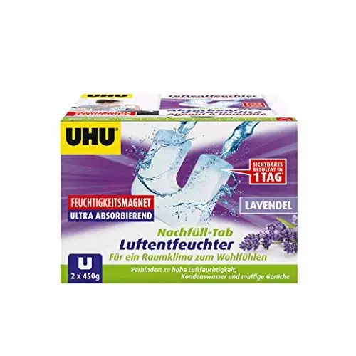 Produktbild: UHU Feuchtigkeitsmagnet Nachfülltab, Innovative Nachfülleinheit für handelsübliche Luftentfeuchter bekämpft Feuchtigkeit und Schimmel in Wohnräumen jetzt noch effektiver, 2 x 450 g, mit Lavendelduft