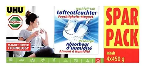 Produktbild: UHU Feuchtigkeitsmagnet Nachfülltab, Innovative Nachfülleinheit für handelsübliche Luftentfeuchter bekämpft Feuchtigkeit und Schimmel in Wohnräumen jetzt noch effektiver, 4 x 450 g, mit Lavendelduft
