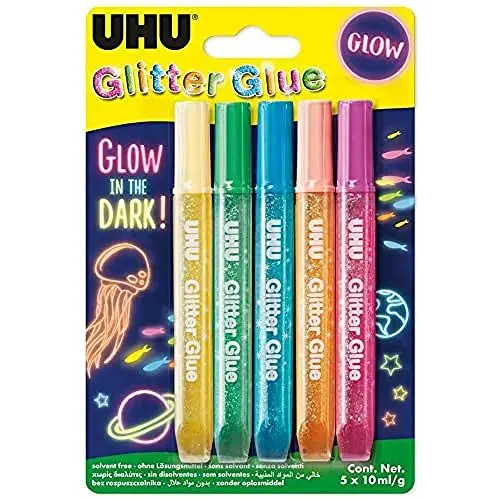 Produktbild: UHU Glitter Glue GLOW IN THE DARK, Tuben 5x10ml
