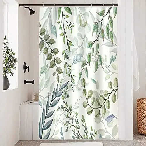 Produktbild: Uiiooazy Duschvorhang 120x200cm, Duschvorhang Grün Anti Schimmel Blau Grau Blätter Eukalyptus Pflanzen Duschvorhänge Wasserdicht Polyester Stoff Waschbar Bad Vorhang mit 8 Haken für Badezimmer