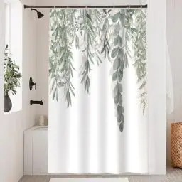 Produktbild: Uiiooazy Duschvorhang Eukalyptus, Duschvorhang Grün Aquarell Blätter Pflanzen Textil Duschvorhäng Anti Schimmel Wasserdicht Polyester Stoff Waschbar Bad Vorhang mit 8 Haken für Badezimmer 120Bx200Hcm