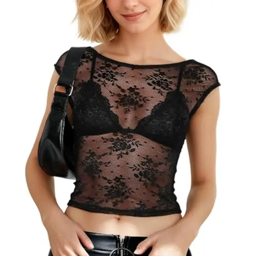 Produktbild: uinnossvc Damen Netzoberteil Sexy Durchsichtig Spitze Tops Rundhalsausschnitt Tank Tops Transparent Mesh Oberteil Print Mesh Top Netzshirt Damen Netz Oberteil Frauen (S)