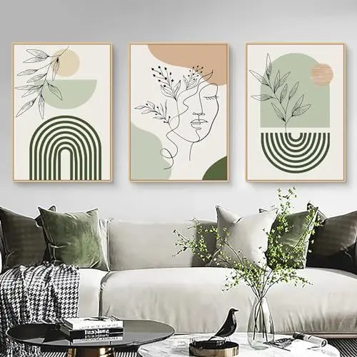 Produktbild: Uixxducc 3er Boho Bilder Set, Abstrakte Strichzeichnung Pflanze Poster Set, Grüne Blätter Wandbilder Wohnzimmer Moderne Wanddekoration, Ohne Rahmen (A,50x70cm)