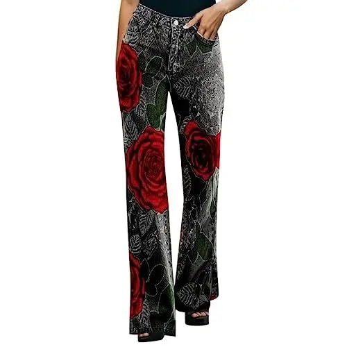 Produktbild: UJSQNDG Damen Jeans mit elastischem Knopf, zerrissene Denim-Hose, Leggings für Frauen, Taille, elastische Jeans, schmale Passform, moderne Passform, 3D-Übung und Fitness, Halloween-Kostüme, rot, XXL
