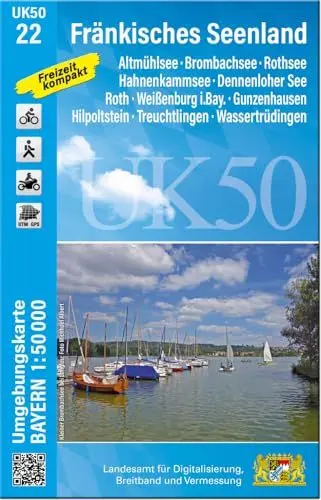 Produktbild: UK50-22 Fränkisches Seenland: Altmühlsee, Brombachsee, Rothsee, Hahnenkammsee, Dennenloher See, Roth, Weißenburg i.Bay., Gunzenhausen, Hilpoltstein, ... Karte Freizeitkarte Wanderkarte)