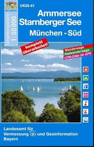 Produktbild: UK50-41 Ammersee, Starnberger See, München-Süd: Starnberg, Wolfratshausen, Geretsried, Holzkirchen, Weilheim i.OB, Herrsching a.Ammersee, Germering, ... Karte Freizeitkarte Wanderkarte)