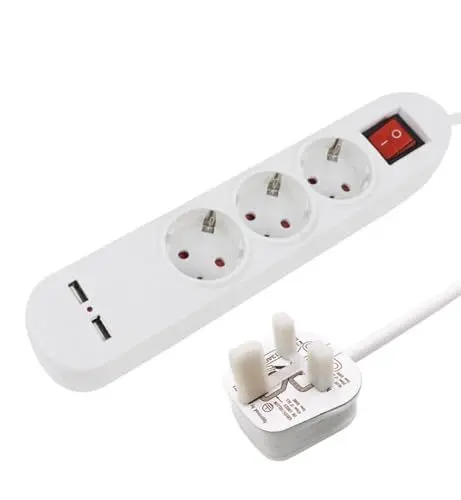 Produktbild: UK-Euro-Reiseadapteradapter, 1,5 m, Verlängerungskabel, 3-Wege-Schuko-Steckdosen plus 2 USB mit UK-Stecker Typ G