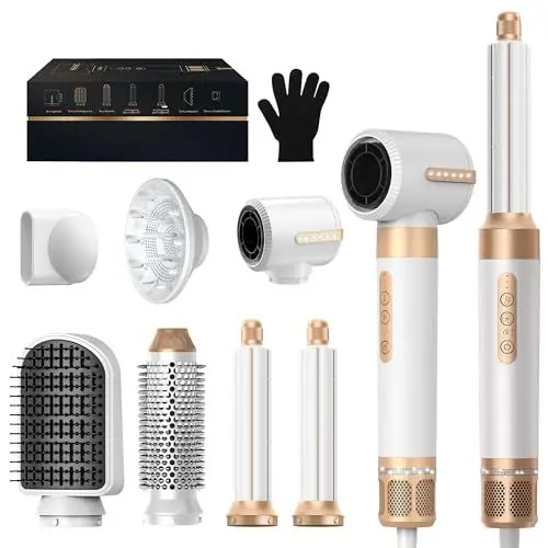 Produktbild: UKLISS Warmluftbürste Set 7 in 1, Haartrockner & Zubehör Airstyler mit 110000 U/Min Ionen Föhn, Auto-Wrap Lockenstab Automatisch, Rundbürste zum Föhnen, Locken, Volumengeben, Glätten, Massieren
