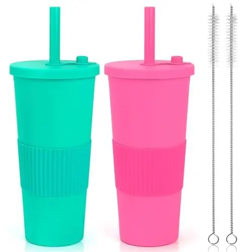 Produktbild: Ulable Tea Becher mit Deckel und Strohhalm,2 Stück Tea Becher mit Strohhalm,BPA Frei Doppelwandig Isoliert Plastikbecher, Wiederverwendbarer Auslaufsicher Smoothie Becher Fluoreszierendes Rosa Türkis