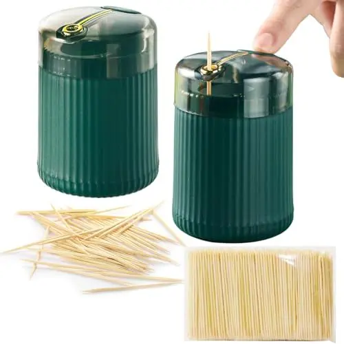 Produktbild: Ulawellor 2 Stück Zahnstocherspender Creative Pop-up Automatic Zahnstocherspender,pop up automatic toothpick dispenser für Tabelle,Hotel,Küche Ausgestattet mit Zahnstöchern (Dunkelgrün)